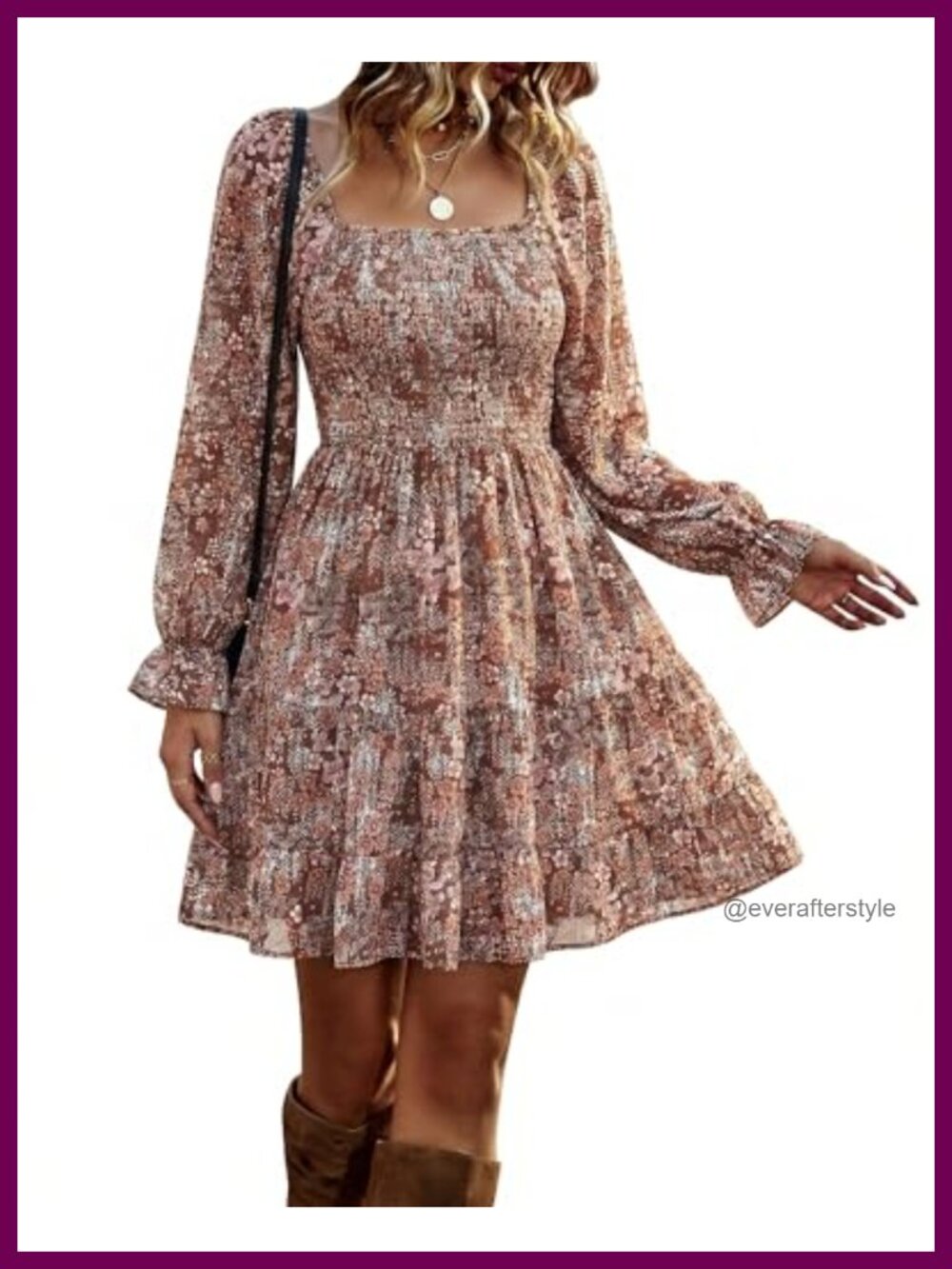 Women's Mini Smocked Square Neck Long Sleeve Dress with Ruffle Hem